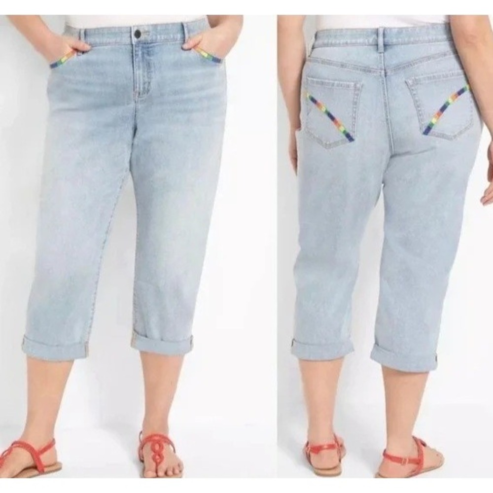 Lane Bryant Blue Rainbow Embroidered Flex Magic Waist Boyfriend Capri Jeans 16
